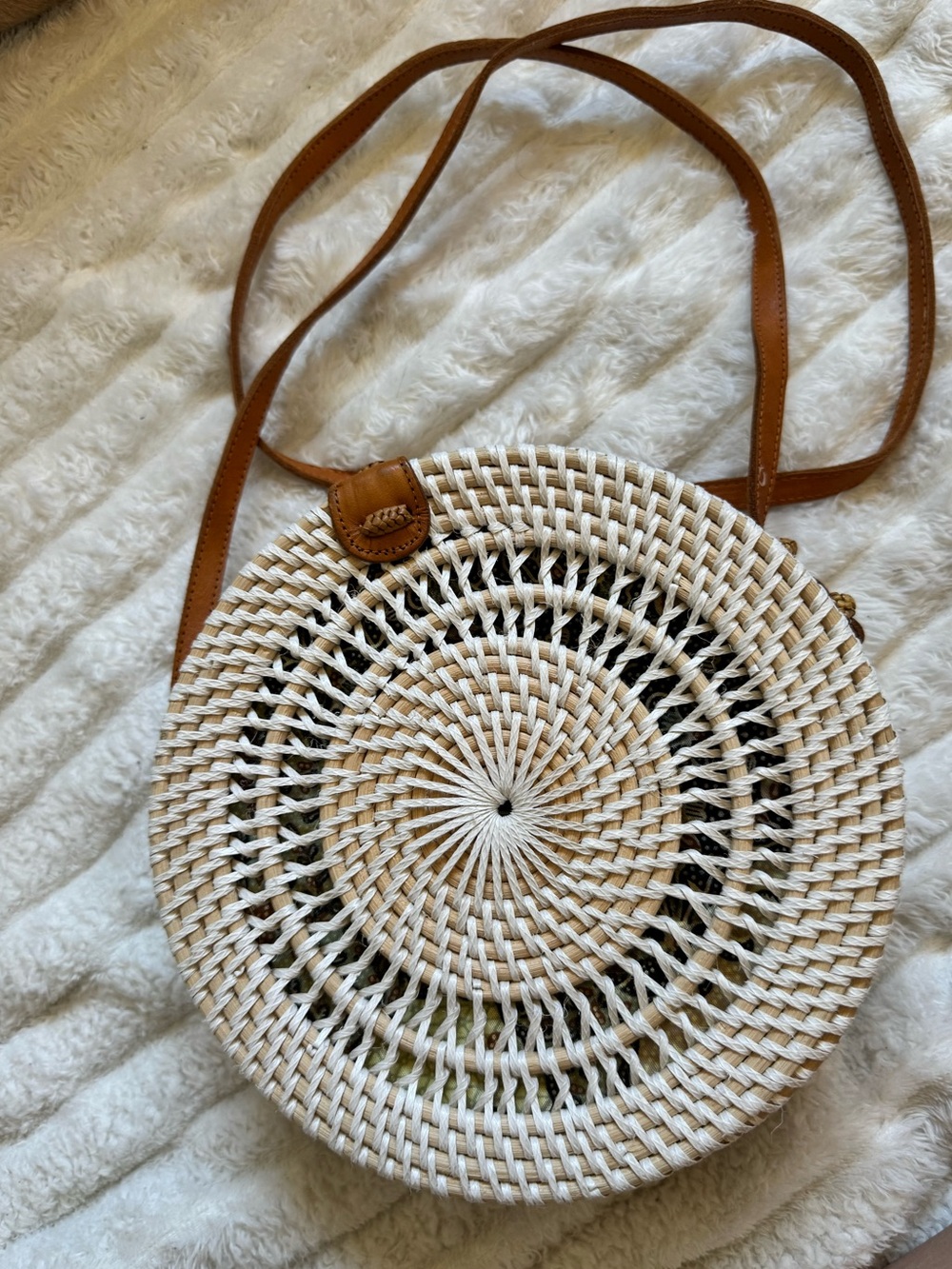 Woven Round Straw Crossbody Bag with Brown Leather Strap
